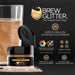 Bronze Brew Glitter jar next to a glass of sparkling bronze drink, highlighting edible drink glitter features.
