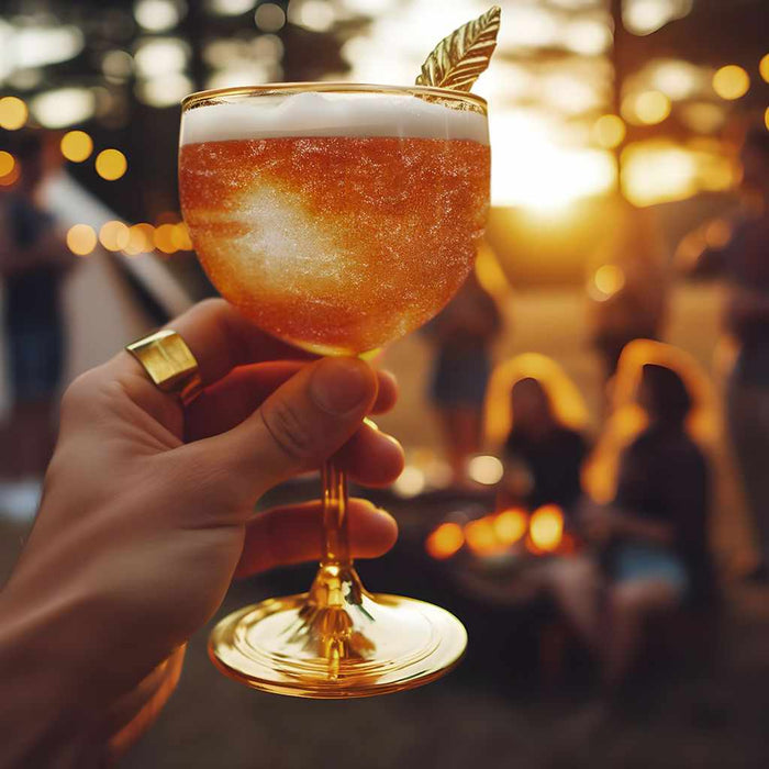 Hand holding a glass filled with Bronze Brew Glitter