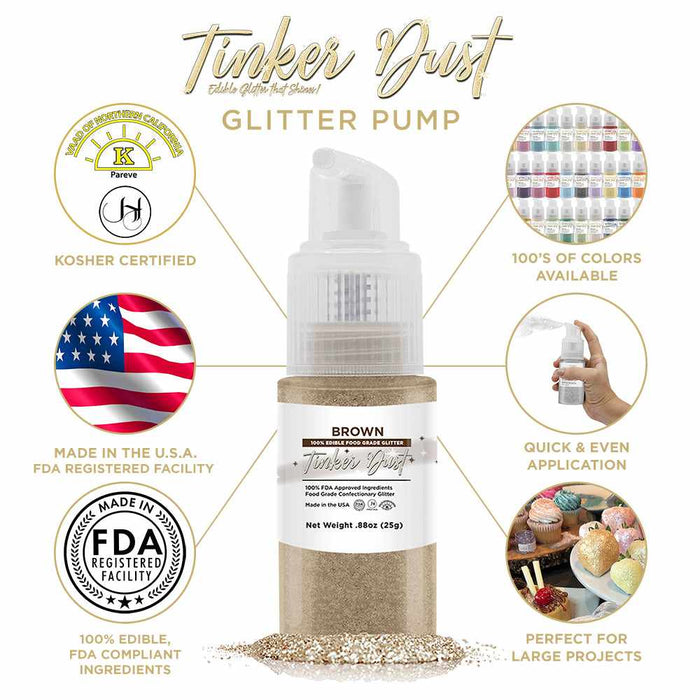 Infographic of 25 gram Brown Edible Glitter Spray Pump. | bakell.com