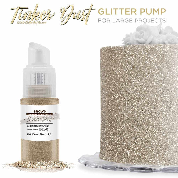 Front view of a 25 gram Brown Edible Glitter Spray Pump to the left, and a cake decorated with the glitter to the right. | bakell.com