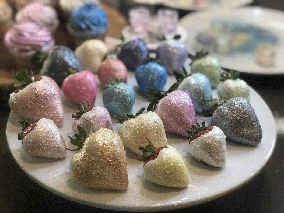Image of edible glitter colored strawberries, in various colors | bakell.com
