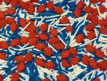 Buffalo Bills sprinkles with red buffalo shapes, blue and white Jimmies.