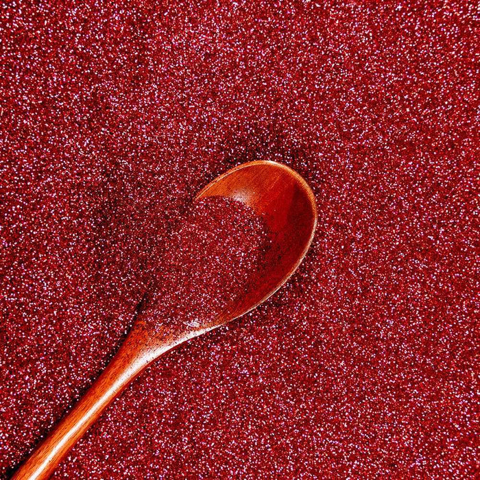 Burgundy Red Ultrafine Metallic Craft Glitter Dazzler Dust, premium polyester, with a wooden spoon.