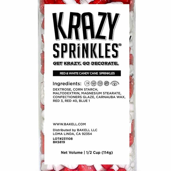 Krazy Sprinkles red and white candy cane shaped sprinkles in a 1/2 cup clear plastic jar with product label.