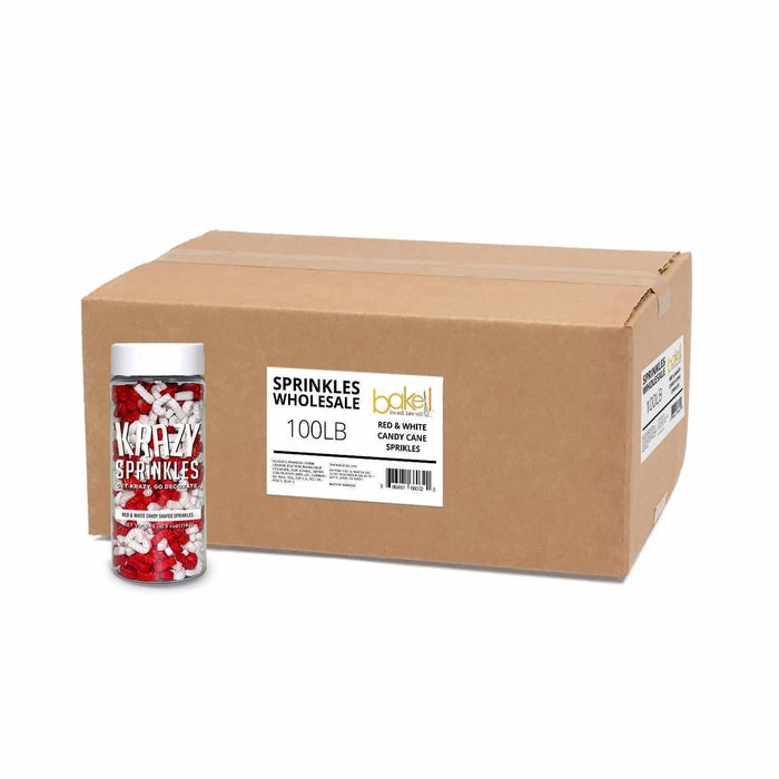 Wholesale case of 24 Krazy Sprinkles jars filled with red and white candy cane shaped sprinkles.