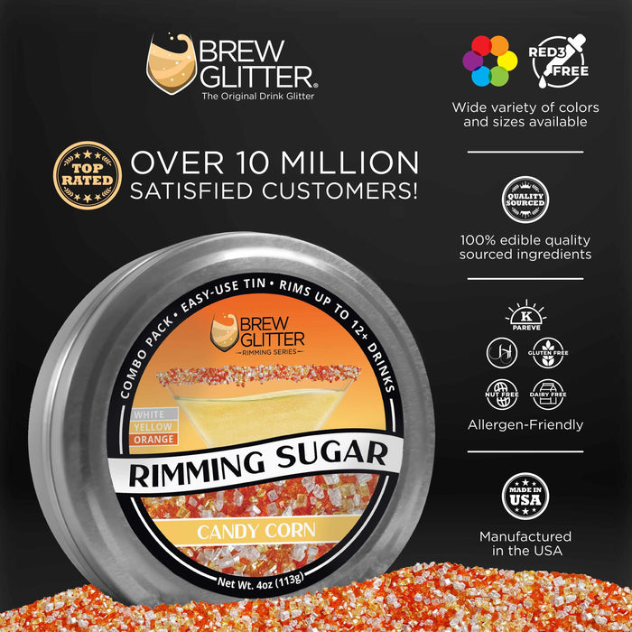 Brew Glitter Candy Corn Rimming Sugar in a 4oz tin, featuring white, yellow, and orange sugar crystals.
