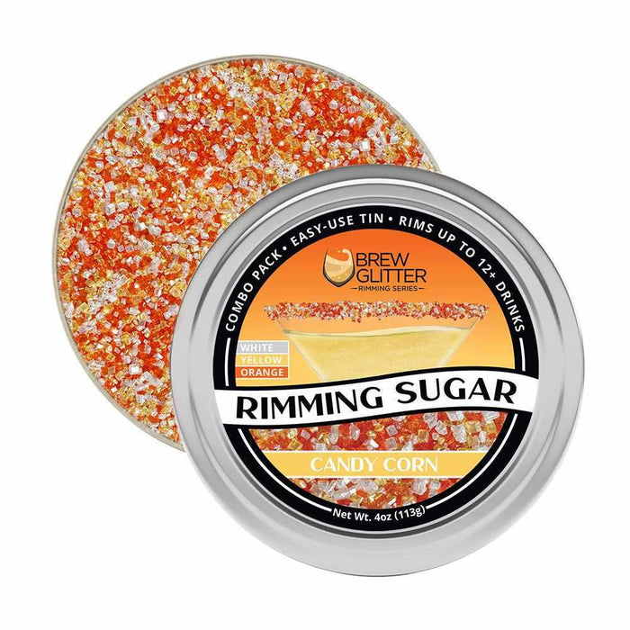 Candy Corn Rimming Sugar in a silver tin, featuring white, yellow, and orange sugar crystals.