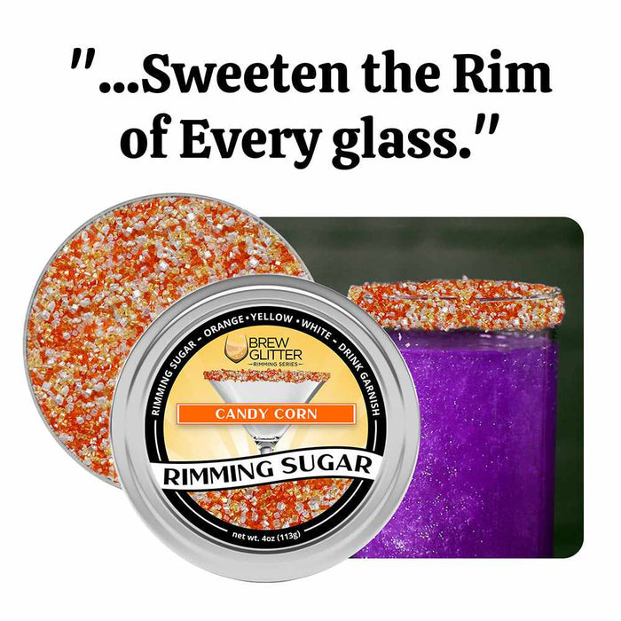 Candy Corn Rimming Sugar in a 4oz tin, with orange, yellow, and white sprinkles on a glass rim.