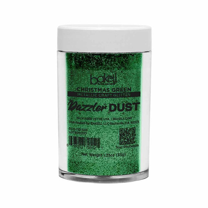Christmas Green Dazzler Dust ultrafine metallic craft glitter in a 35g clear jar with white lid.