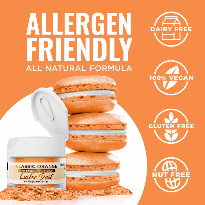Classic Orange Luster Dust jar with an open lid, surrounded by orange macarons and loose dust.