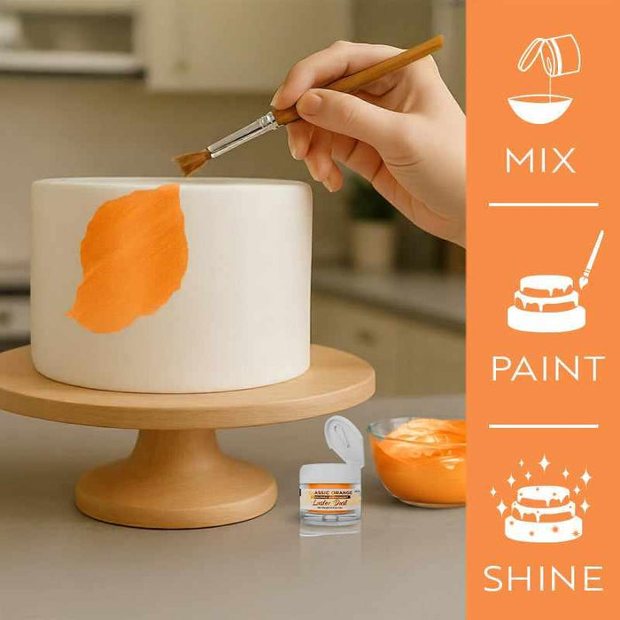 Hand painting a white cake with Classic Orange Luster Dust, showing the product jar and mixing steps.