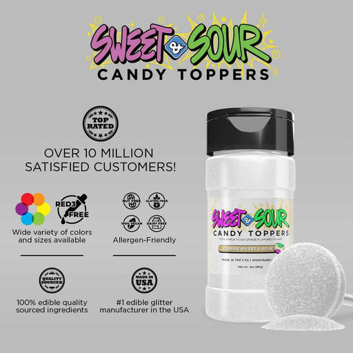 White shaker bottle of Sweet & Sour Candy Toppers next to a large white candy disc.