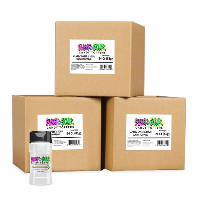 sweet sour candy toppers wholesale 85g container amidst 3 brown shipping boxes