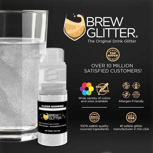 Clear Shimmer Brew Glitter mini spray pump next to a glass of water, with product details.