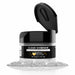 4g jar of Clear Shimmer edible drink glitter with a black flip-top cap and a pile of sparkling silver powder.