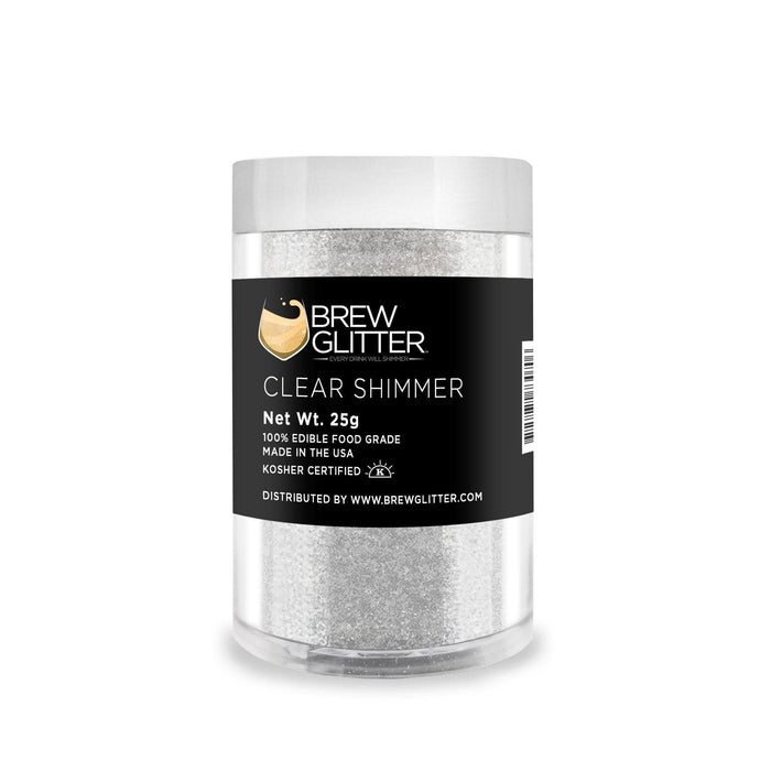 25g jar of Clear Shimmer edible drink glitter with a black label and white text on a clear plastic container.