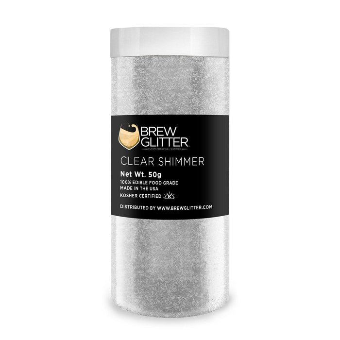 50g jar of Clear Shimmer edible drink glitter with a black label and white cap.