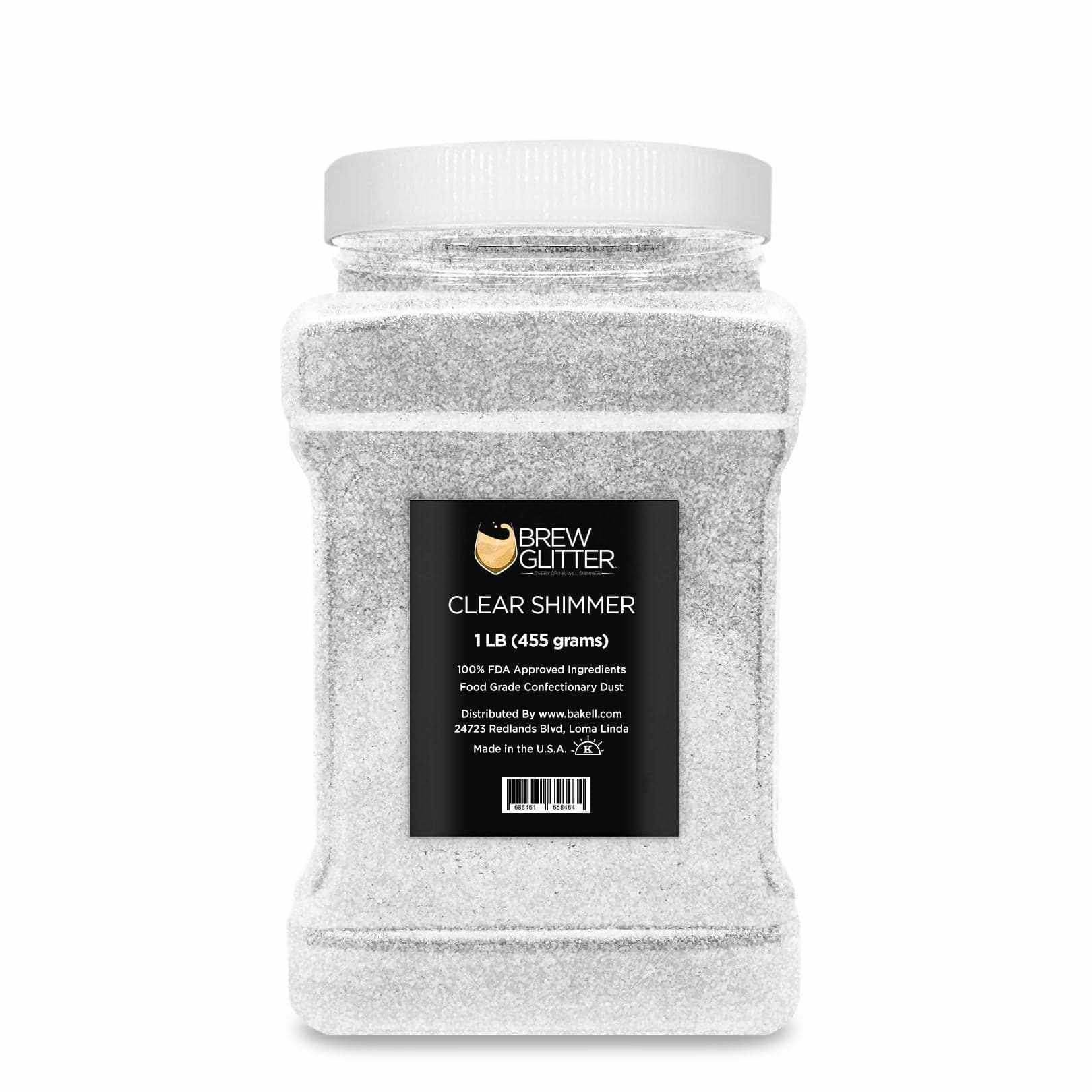 1lb jar of Clear Shimmer Brew Glitter edible drink dust with a black label and white screw-top lid.