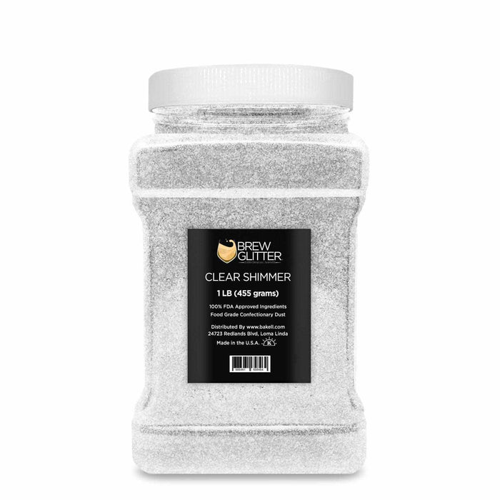1lb jar of Clear Shimmer Brew Glitter edible drink dust with a black label and white screw-top lid.