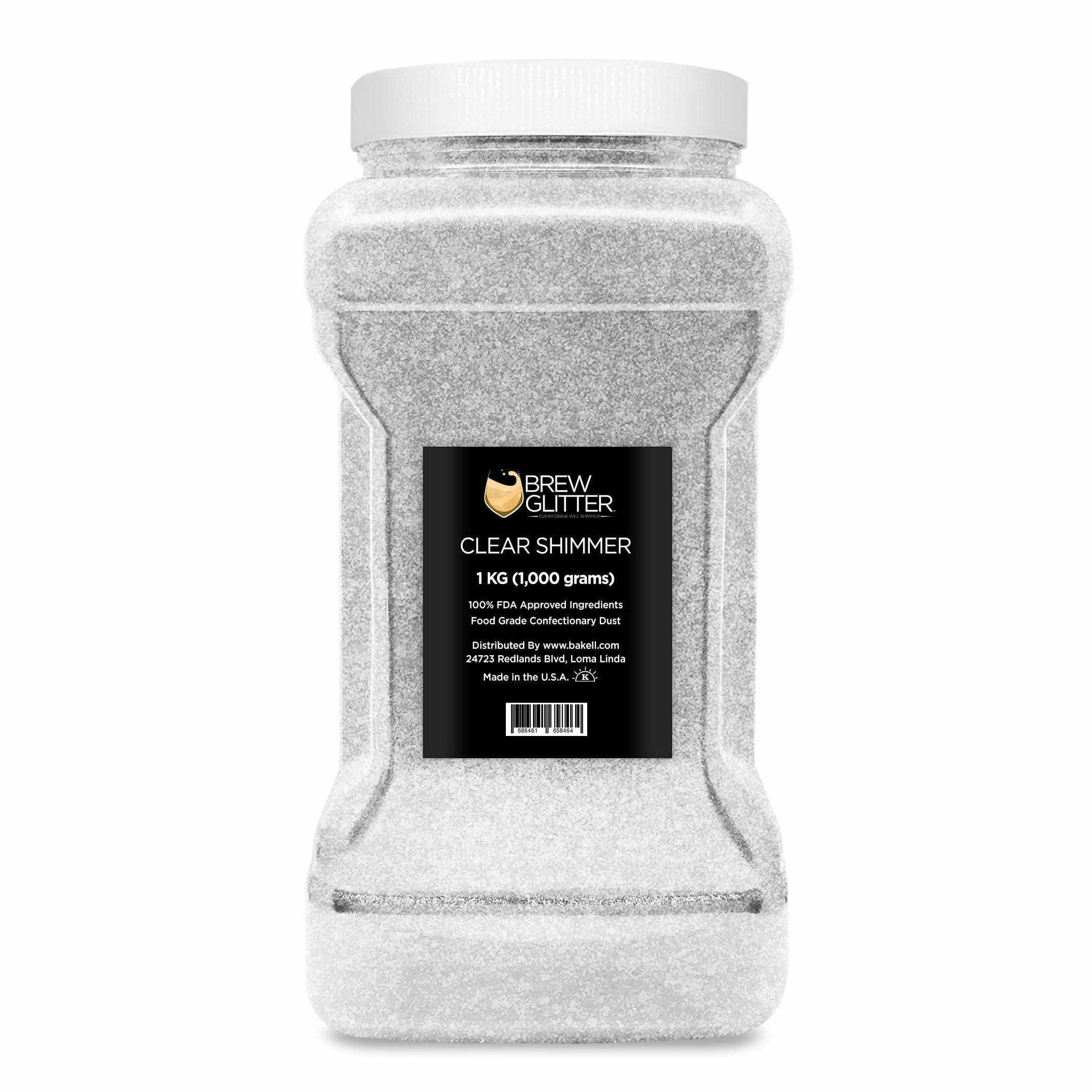 1kg jar of Clear Shimmer edible drink glitter with a white lid and black Brew Glitter product label.