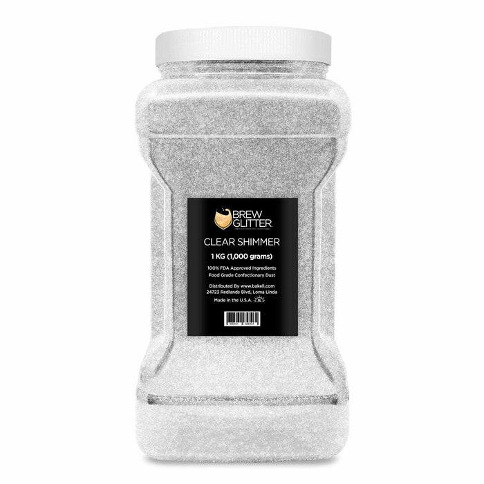 1kg jar of Clear Shimmer edible drink glitter with a white lid and black Brew Glitter product label.