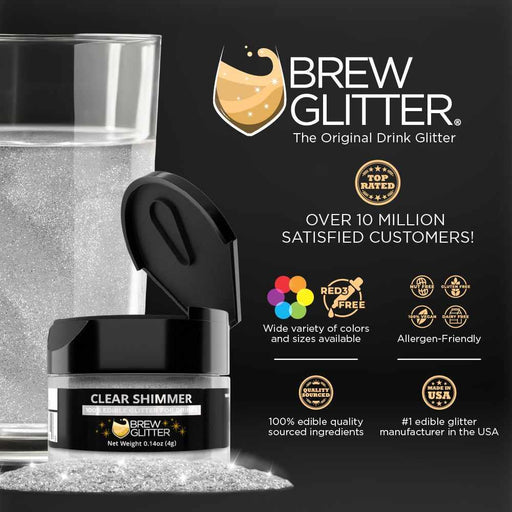 Clear shimmer edible glitter jar with black lid, next to a glass of water, on a dark surface.