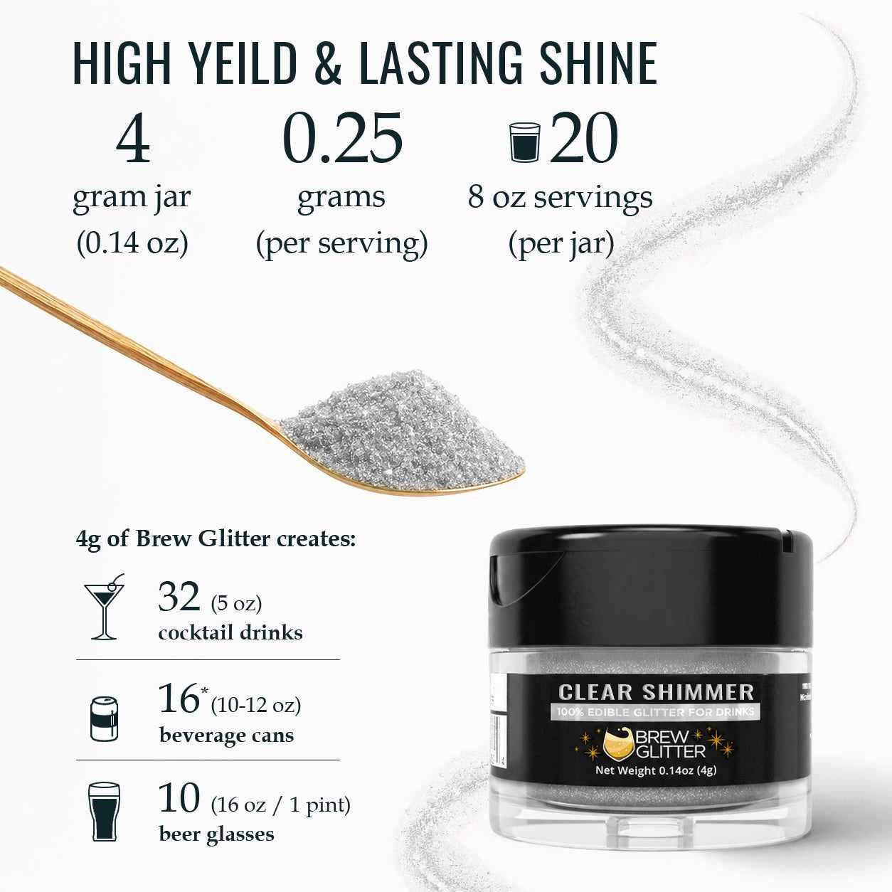 Clear Shimmer Brew Glitter jar with a spoon of edible glitter and usage yield statistics for cocktails and beverages.