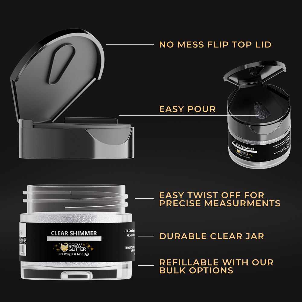 Clear Shimmer edible drink glitter in a 4g durable jar with a no-mess flip-top lid and easy-pour design.