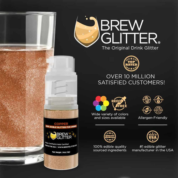 Copper Brew Glitter mini spray pump next to a sparkling drink, highlighting its edible shimmer.