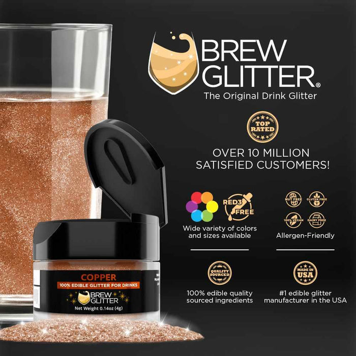 Copper Brew Glitter 4g jar with flip-top lid next to a glass of shimmering copper drink.