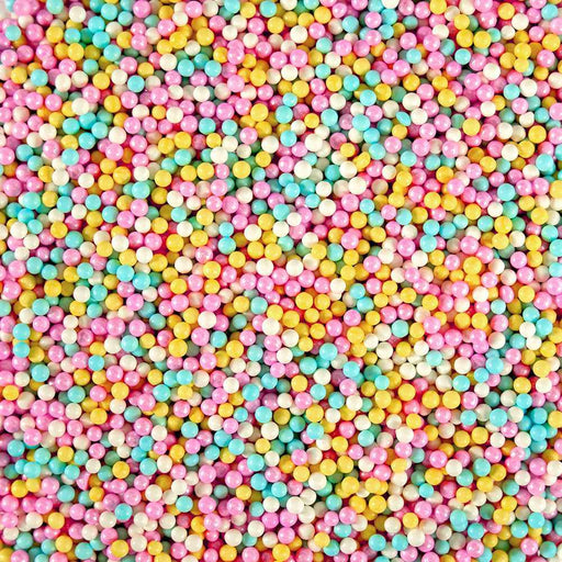Cotton Candy Mini Sprinkle Beads: tiny round sprinkles in pink, blue, yellow, and white.