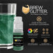Dark green Brew Glitter mini spray pump next to a glittery green drink.