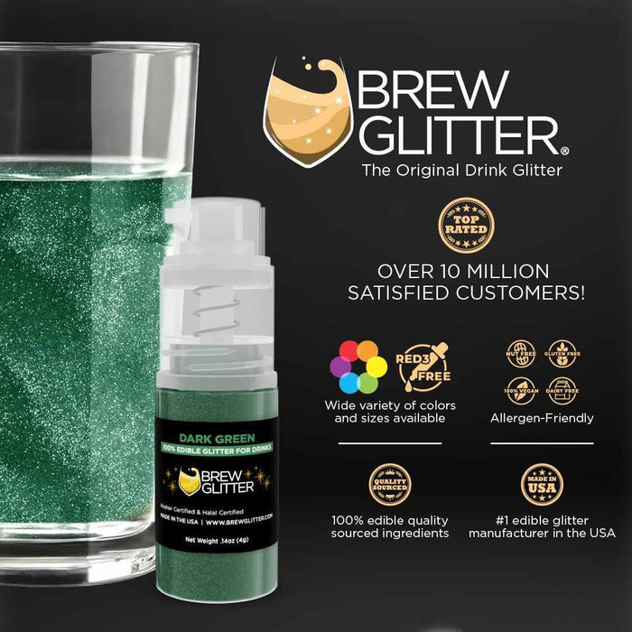 Dark green Brew Glitter mini spray pump next to a glittery green drink.