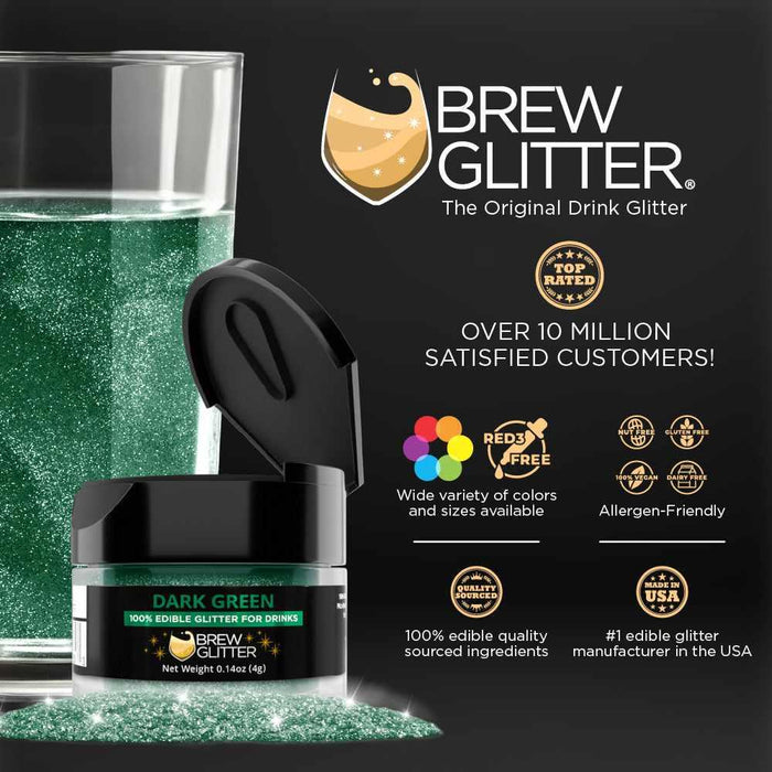 Dark green Brew Glitter® edible drink glitter in a jar next to a glass with glittered liquid.