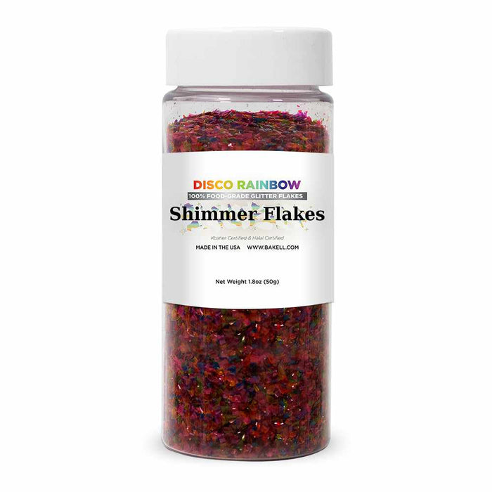 Front View of 50 gram jar of Disco Rainbow Edible Shimmer Flakes | bakell.com