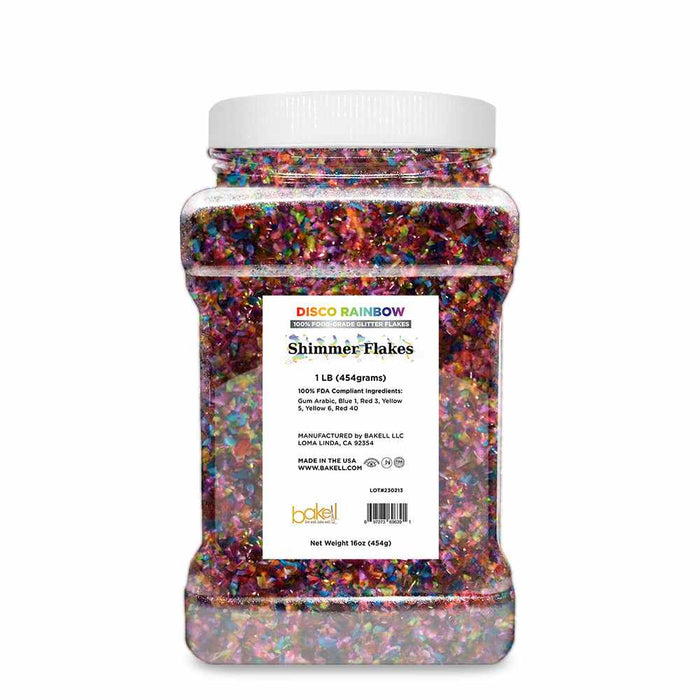 Front view of 1 pound container of Disco Rainbow Edible Shimmer Flakes | bakell.com