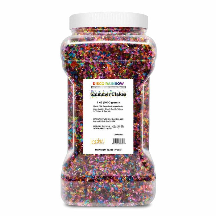 Front View of 1 kilogram jar of Disco Rainbow Edible Shimmer Flakes | bakell.com