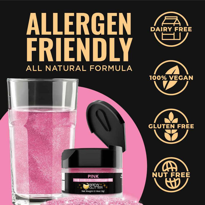 allergen friendly infographic of pink brew glitter