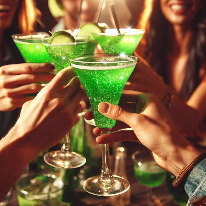 a round people holding green glitter cocktails at a party