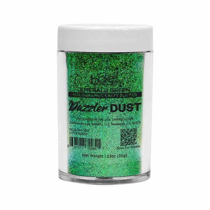 35g jar of Emerald Green Ultrafine Holographic Dazzler Dust craft glitter, premium polyester.