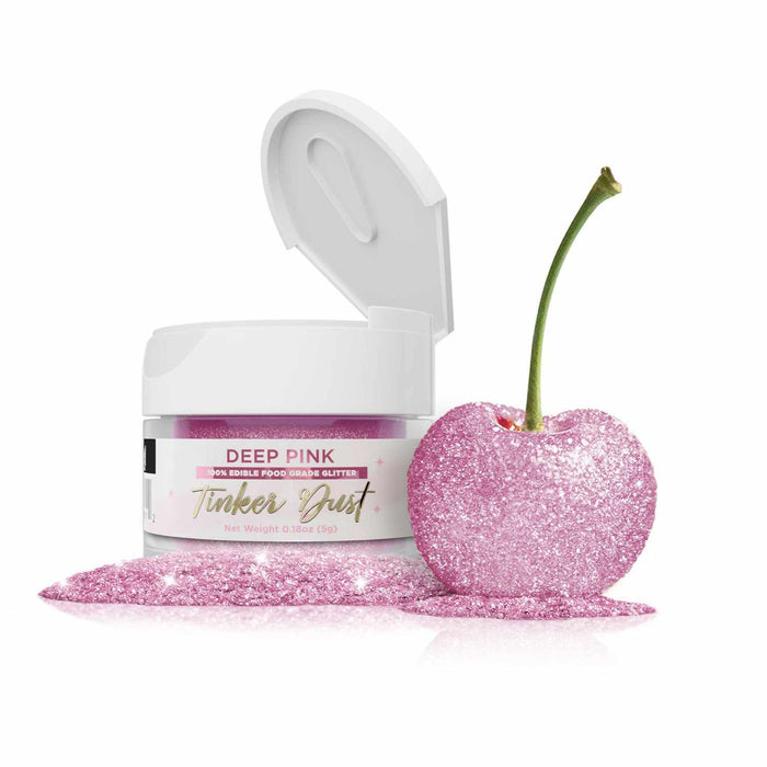 product image of pink food glitter jar next to sparkling cherry