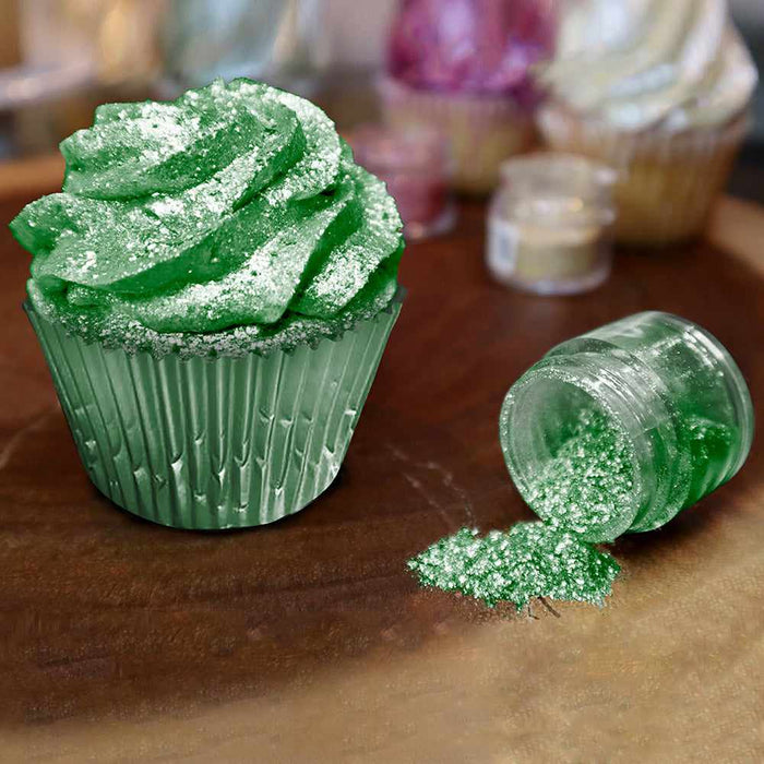 green cupcake frosting decorated with green edible glitter dust