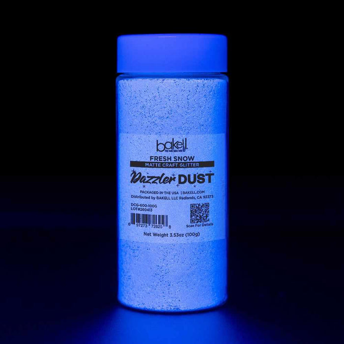 Fresh Snow white ultrafine matte UV reactive craft glitter in a clear shaker bottle.