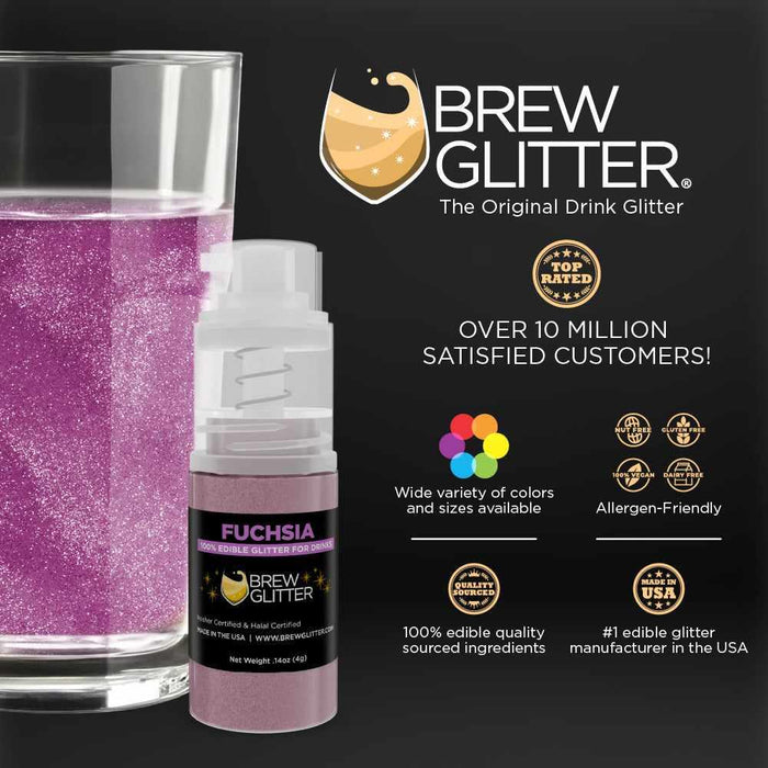 Fuchsia Brew Glitter mini spray pump next to a glass of purple sparkling drink.