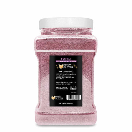 Fuchsia Brew Glitter, 1 lb bulk size, in a clear plastic jar with a white lid.