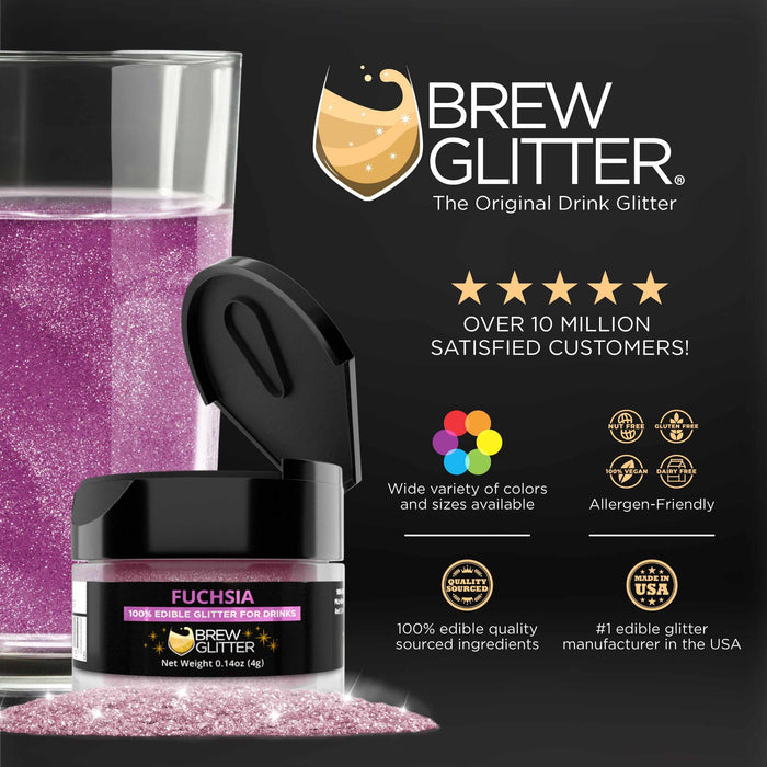 Front view of A Beer Mug filled with a drink and Edible Drink Glitter, and to the right a 25 gram  Fuchsia Edible Drink Glitter Spray Pump. | bakell.com