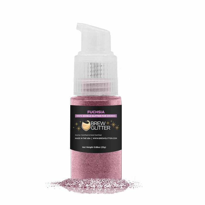 Front view of 25 gram pump of Fuchsia Edible Drink Glitter Spray with glitter in front of it. | bakell.com