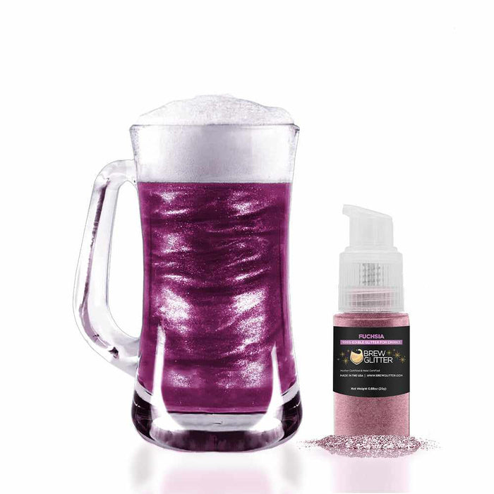 Front view of A Beer Mug filled with a drink and Edible Drink Glitter, and to the right a 25 gram  Fuchsia Edible Drink Glitter Spray Pump. | bakell.com