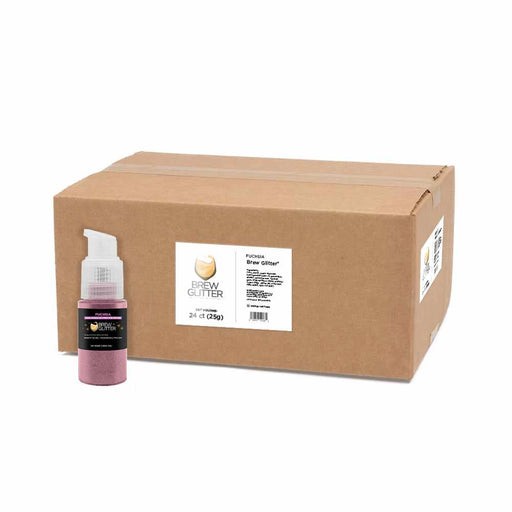 Perspective view of a 25 gram pump of Fuchsia Edible Drink Glitter spray, with a wholesale box behind it. | bakell.com