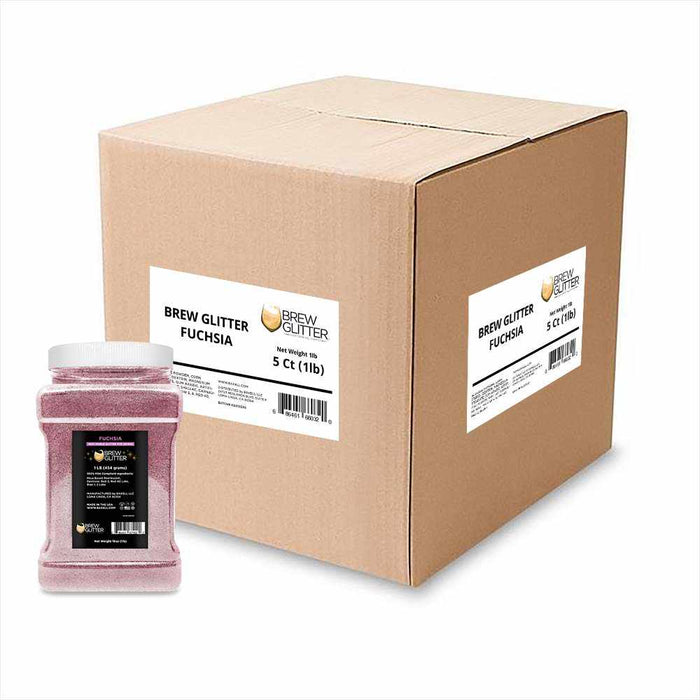 Front View of a 1 pound Container of Fuchsia Edible Glitter for Drinks, with a Wholesale Box Behind It | bakell.com